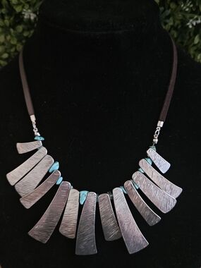 Western Necklace, Fan Design Silver with Turqoise Pieces and Leather Cord